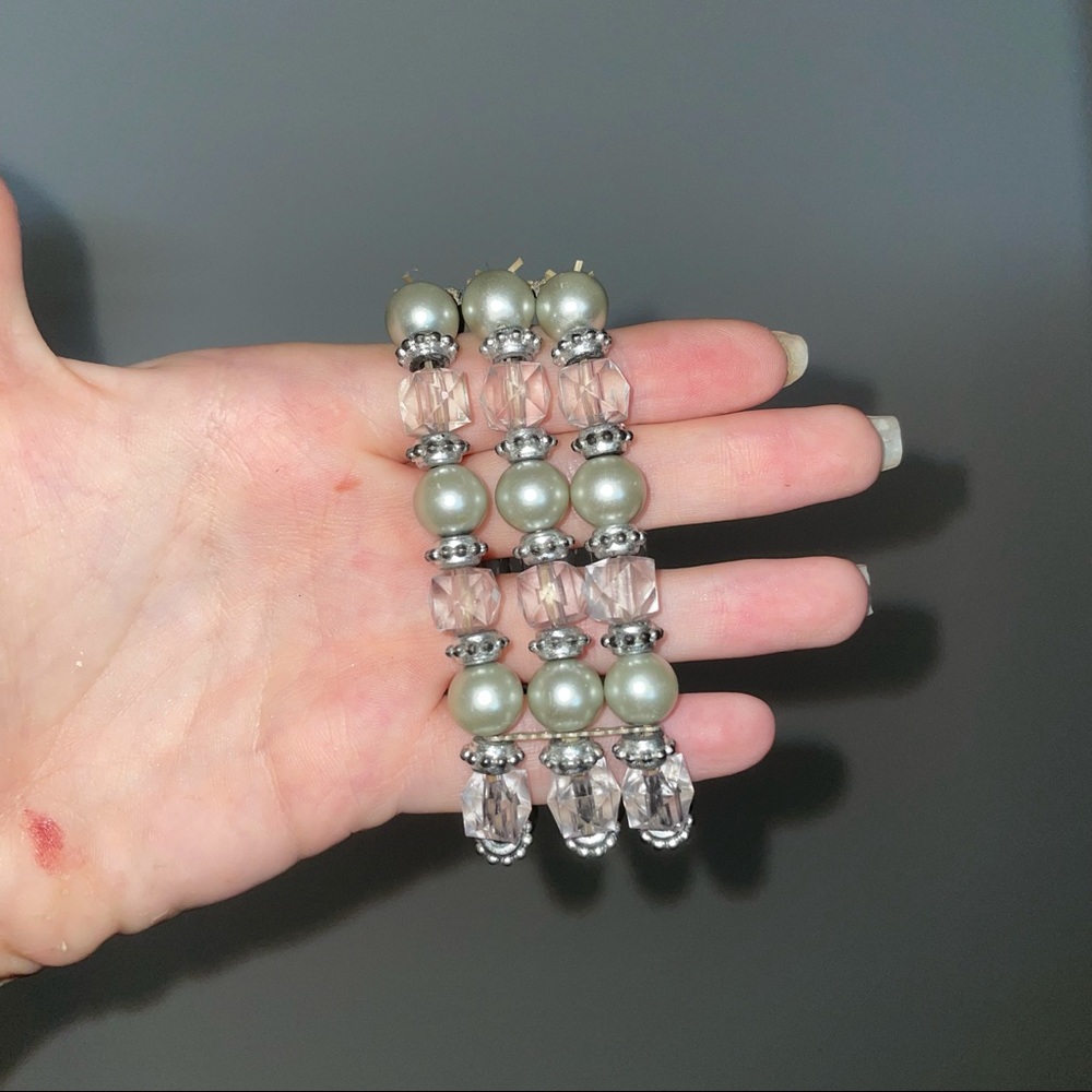 silver pearl and crystal layered stretchy bracelet